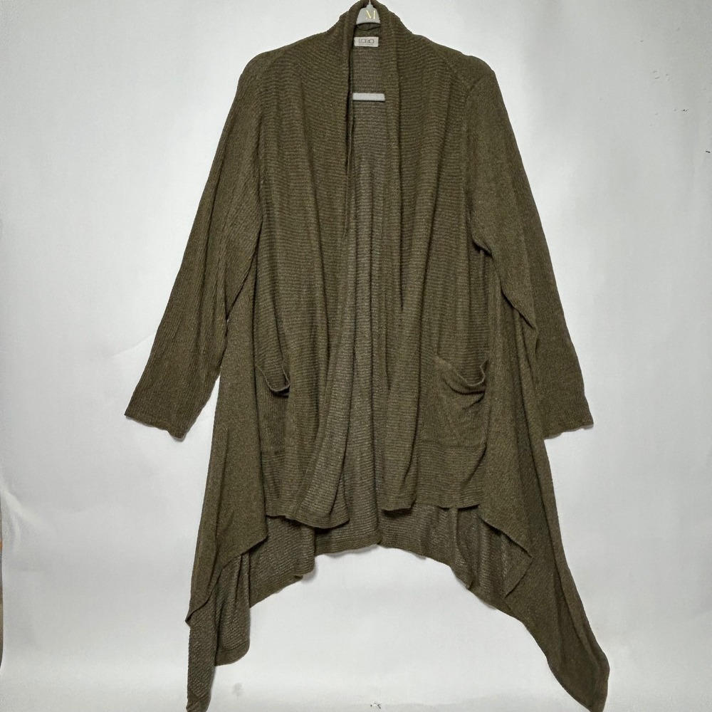 LOGO Lori Goldstein Cardigan Women L Olive Green Ribbed Asymmetric Open Front